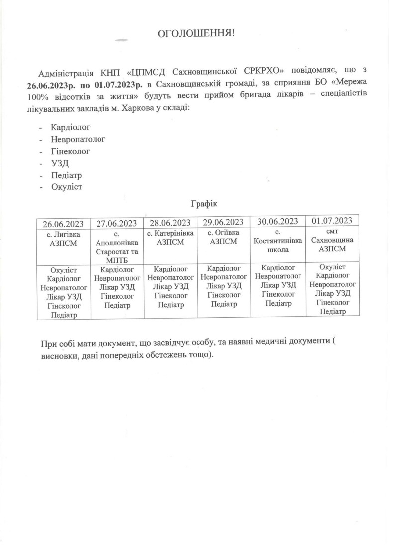 Графік прийому виїзної бригади лікарів у Сахновщинській громаді, Харківська область