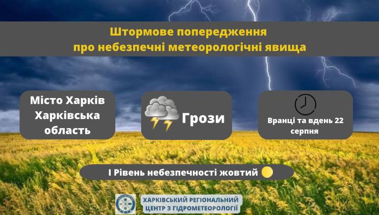 Вранці та вдень 22 серпня по області та місту очікуються грози