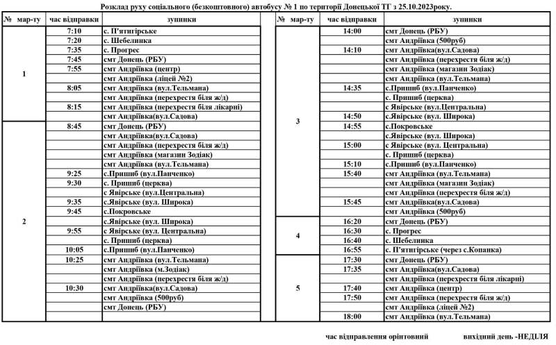 Як ходитиме соціальний автобус №1 у Донецькій громаді, Харківська область