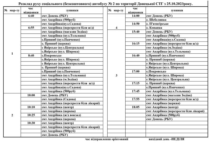 Як ходитиме соціальний автобус №2 у Донецькій громаді, Харківська область