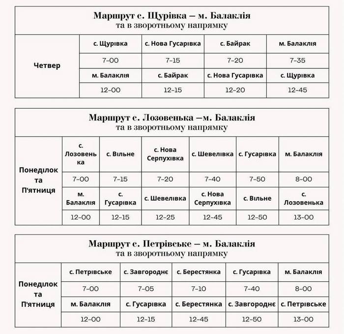 Балаклійська громада, графік руху соціальних автобусів: Щурівка, Лозовенька, Петрівське