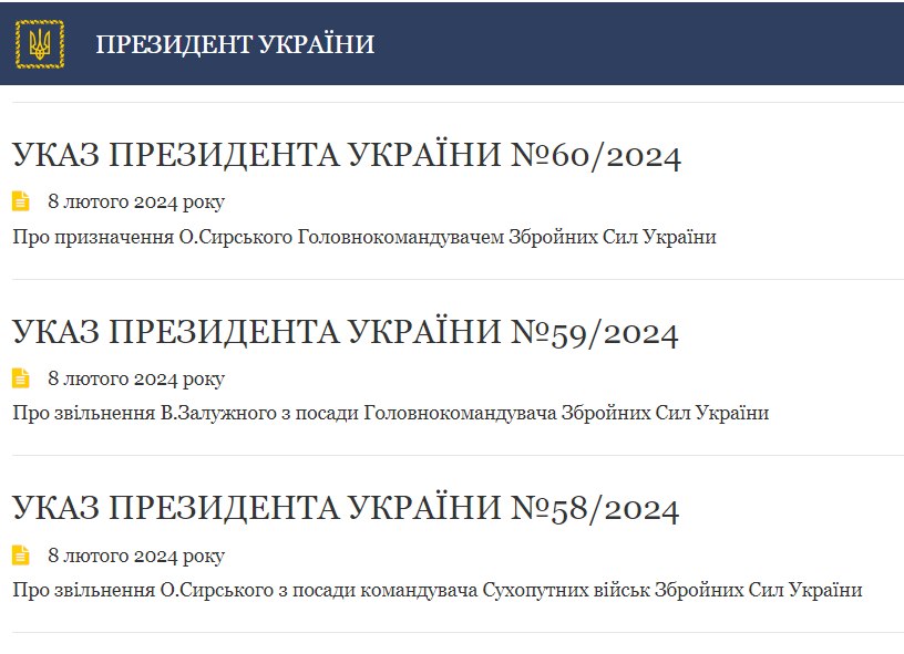 Укази Зеленського про звільнення Залужного та призначення Сирського 