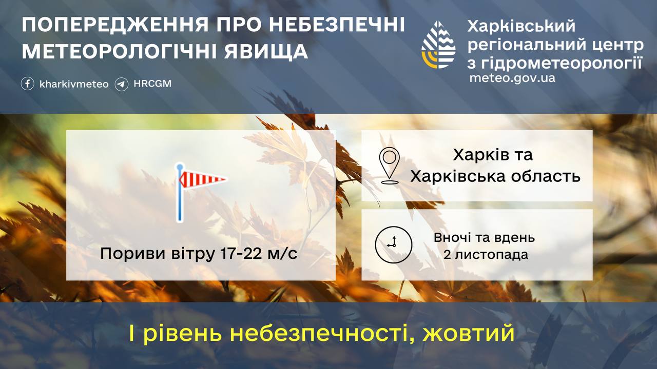 У Харкові та області 2 листопада прогнозують сильний вітер